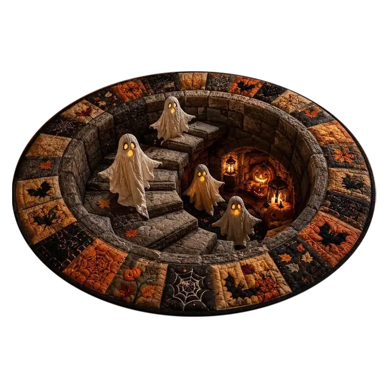 Round 3D illusion Halloween rug showing ghosts on a stone staircase descending into a glowing pumpkin-lit cellar
