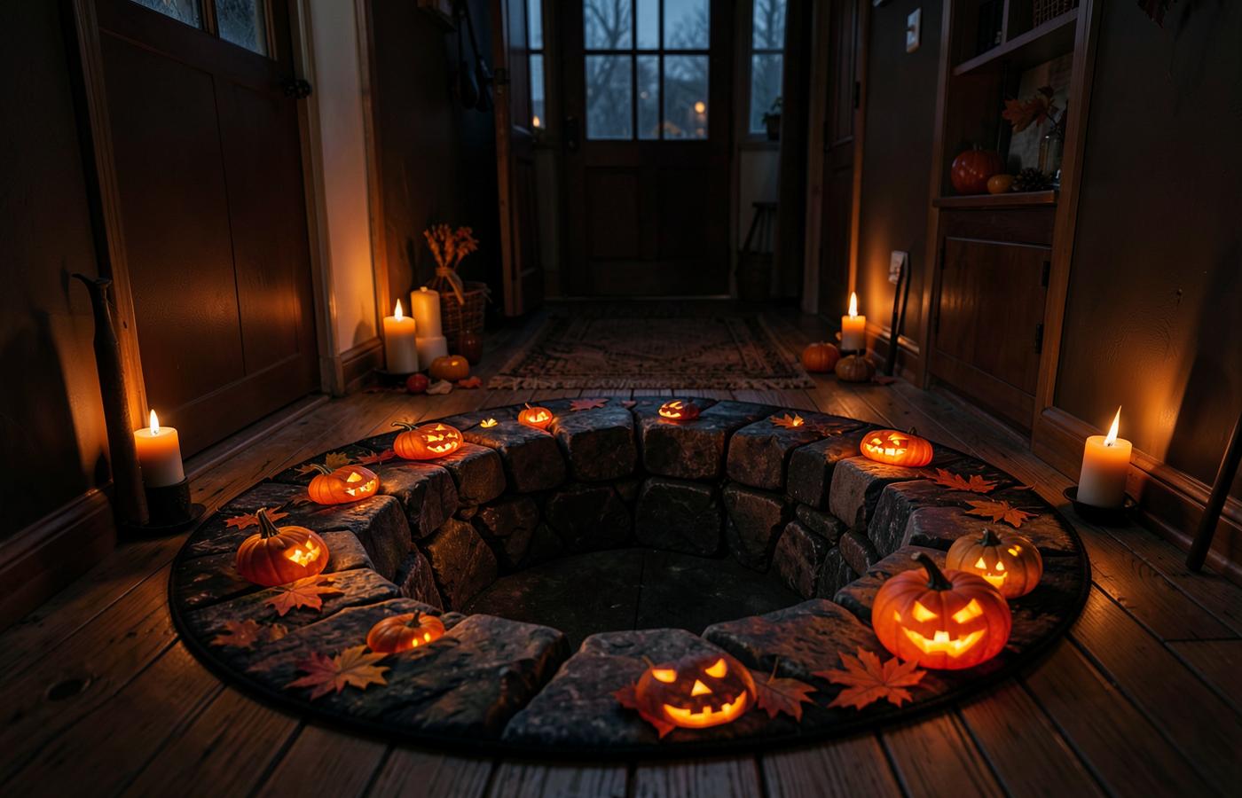 3D illusion Halloween rug laid in a candlelit hallway, appearing as a deep stone pit ringed with carved pumpkins